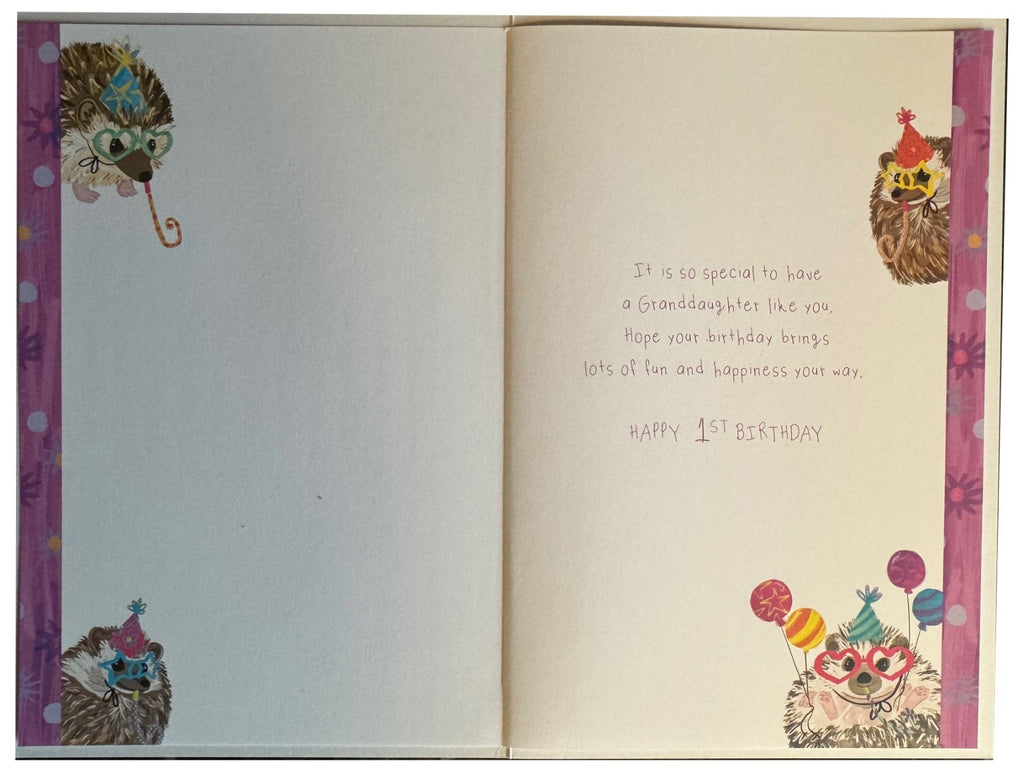1st Birthday Card for Granddaughter  Hedgehog Party Design  15x23cm Insert