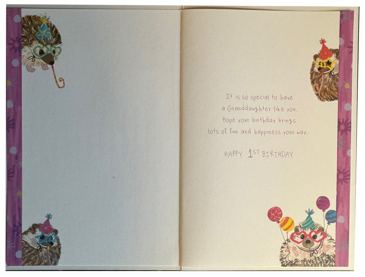 1st Birthday Card for Granddaughter  Hedgehog Party Design  15x23cm Insert