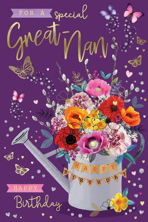 Great Nan Birthday Card - Watering Can Flowers & Butterflies 15 x 23 cn