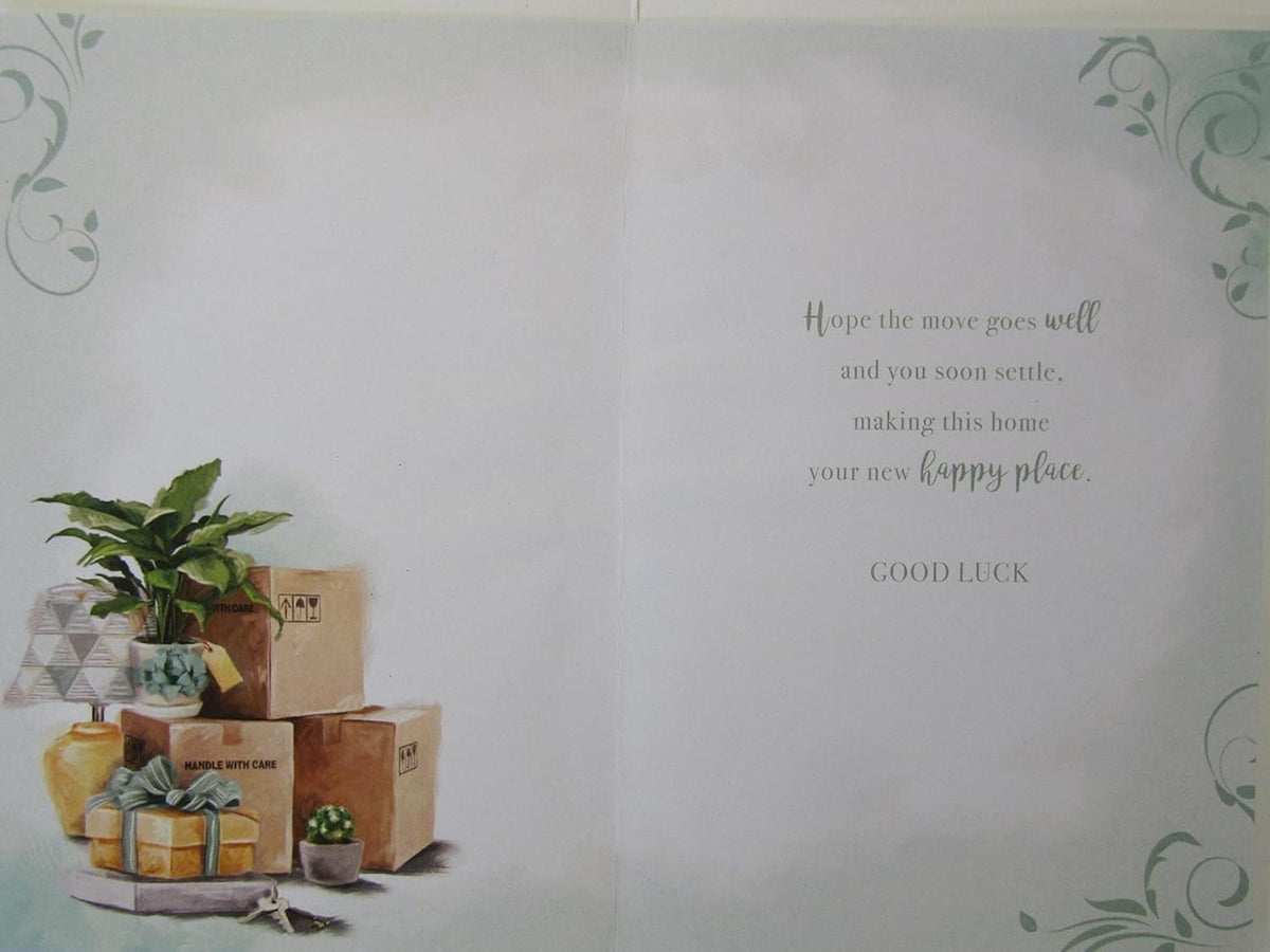 New Home Card 13cm x 19cm Moving Boxes & Keys Design Verse Inside