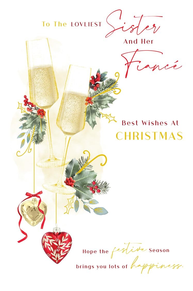 Christmas Card Special Sister & Fiance Large Glasses Hearts 15x23cm