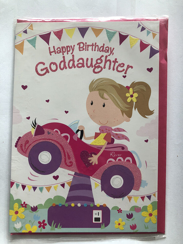 Goddaughter Happy Birthday Card Girl Car Bunting Hearts