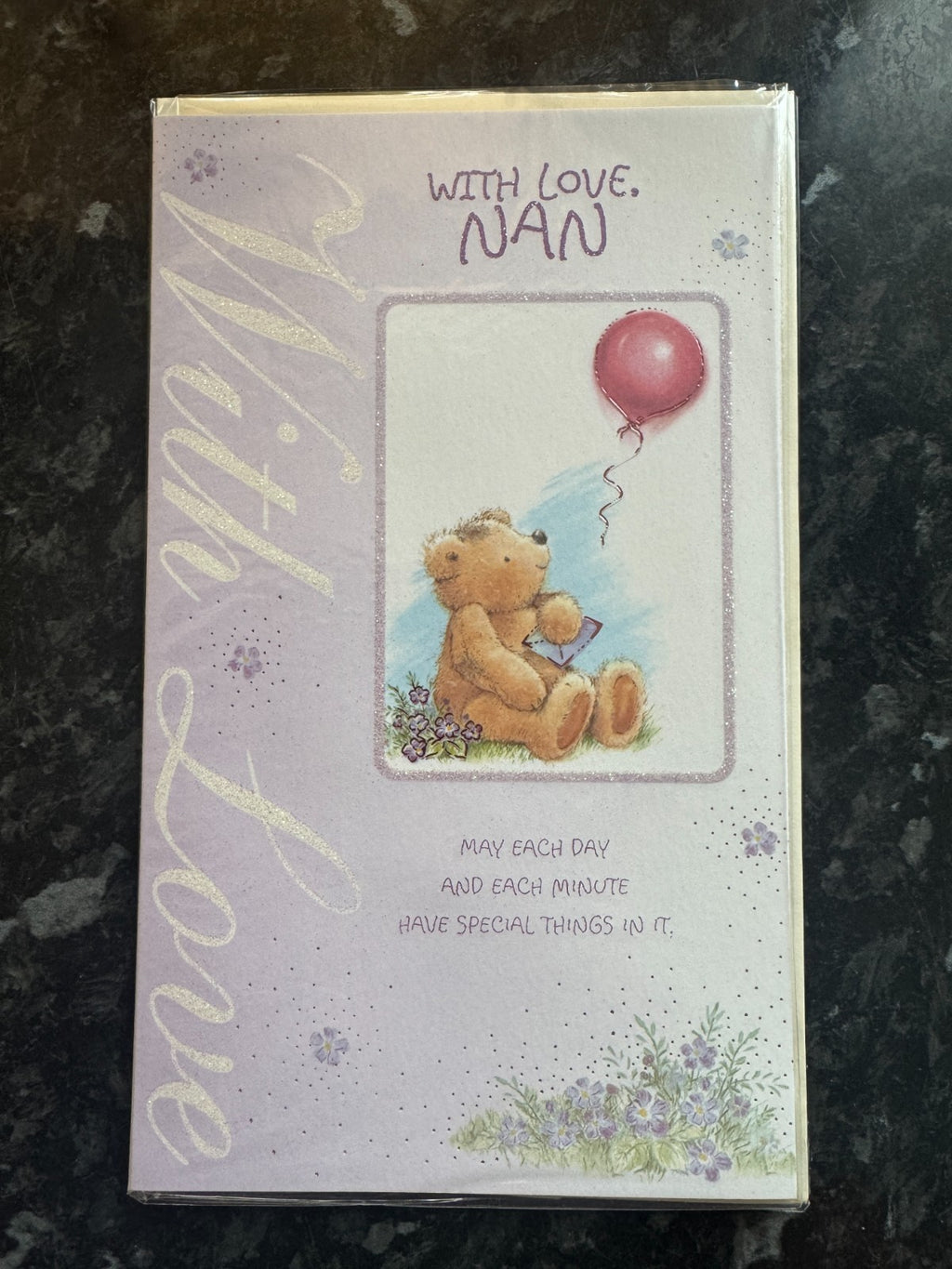 Birthday Card Nan Cute Teddy Bear Balloon Lilac Purple Flowers Medium 13x23cm
