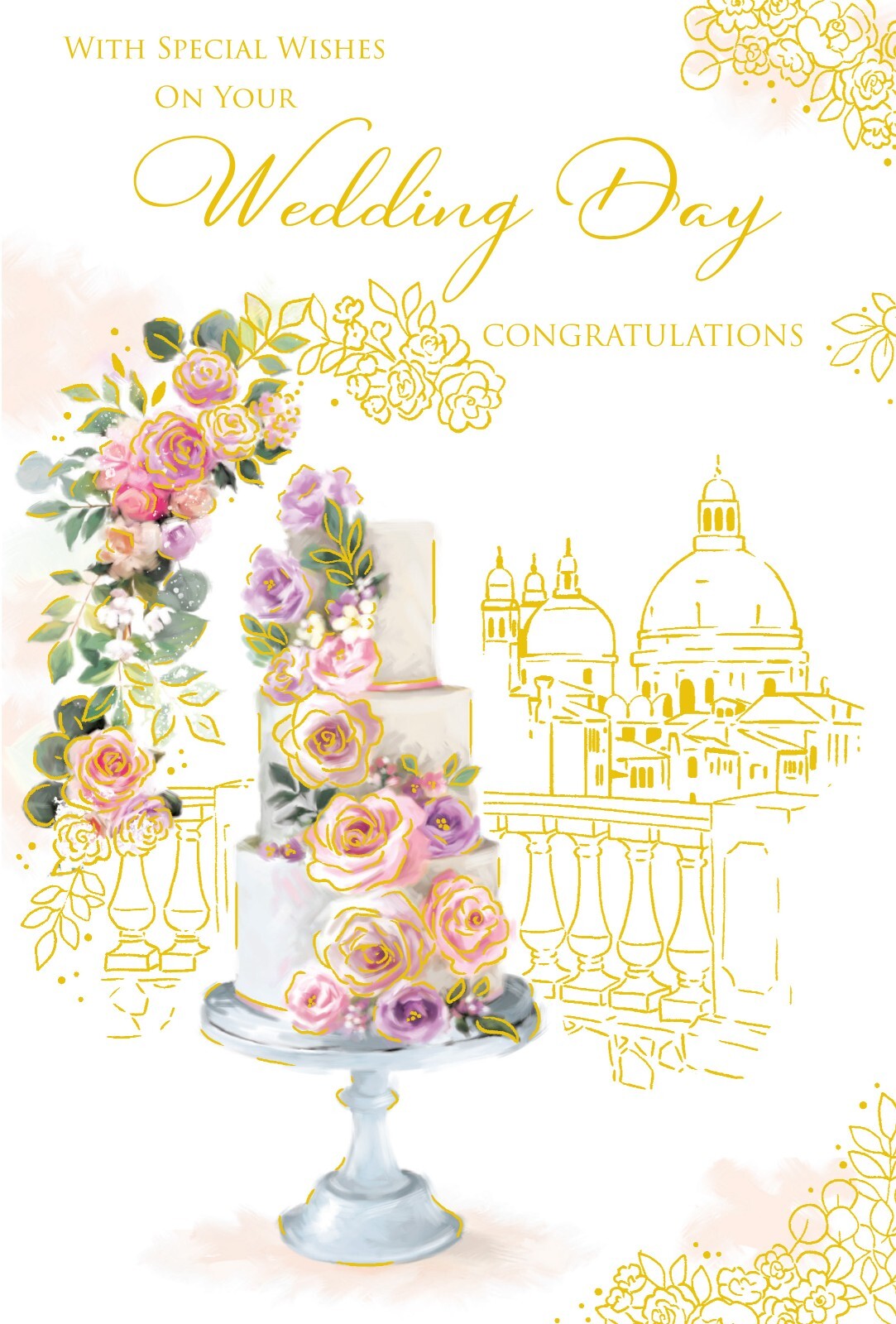 Wedding Day Card Cake Flowers Foil Finish Lovely Verse