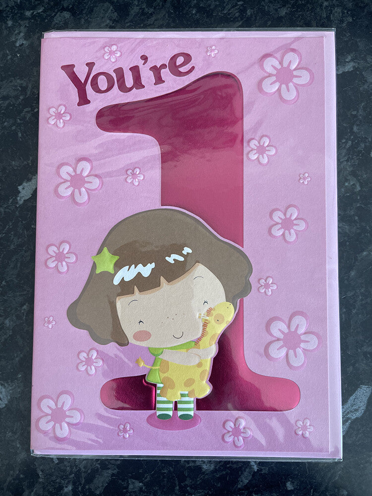 Age 1 Female Birthday Card 1st Cute Girl Giraffe Flowers