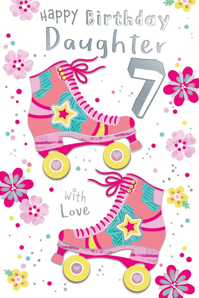 Happy Birthday Daughter 7th Card - Roller Skates & Flowers Design
