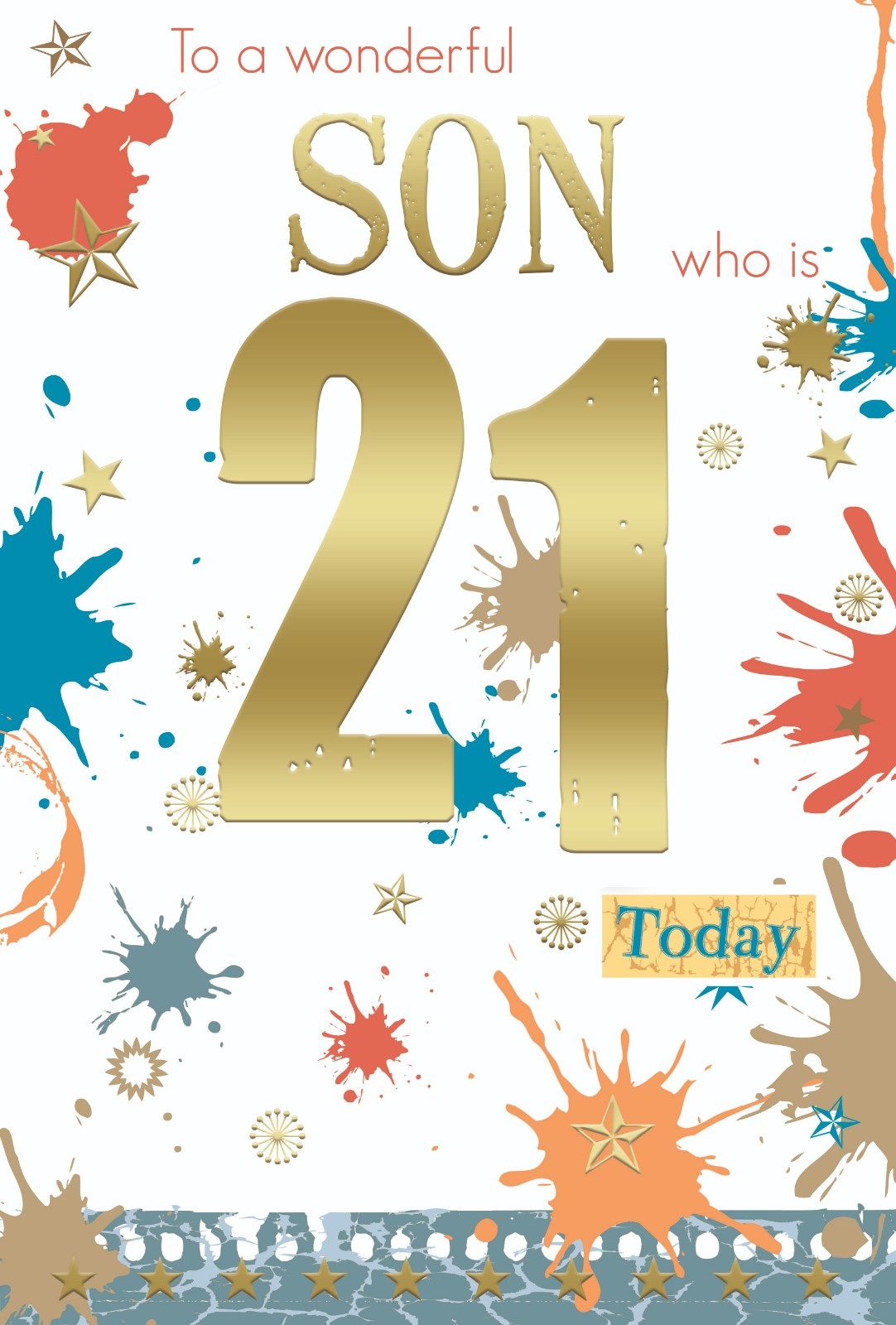 Son 21st Birthday Card Large Modern Paint Splat Twenty One Male Gold Foil Cards