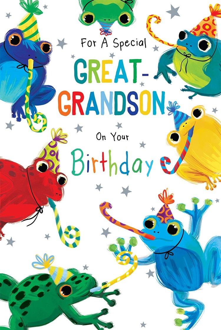 Great-Grandson Birthday Card - Colourful Frogs Party Design - Modern - FREE UK P