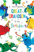Great-Grandson Birthday Card - Colourful Frogs Party Design - Modern - FREE UK P