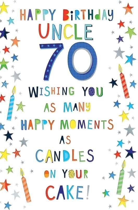 70th Birthday Card for Uncle  Colourful Stars & Candles  15x23cm Insert