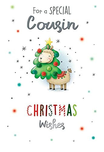 Special Cousin Christmas Card Lamb Dressed As A Tree Design Lovely Verse