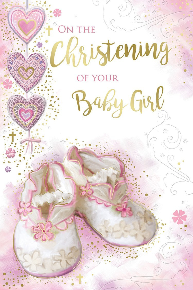 Christening Card for Baby Girl  Pink Shoes & Verse  15x23cm  Colour Insert