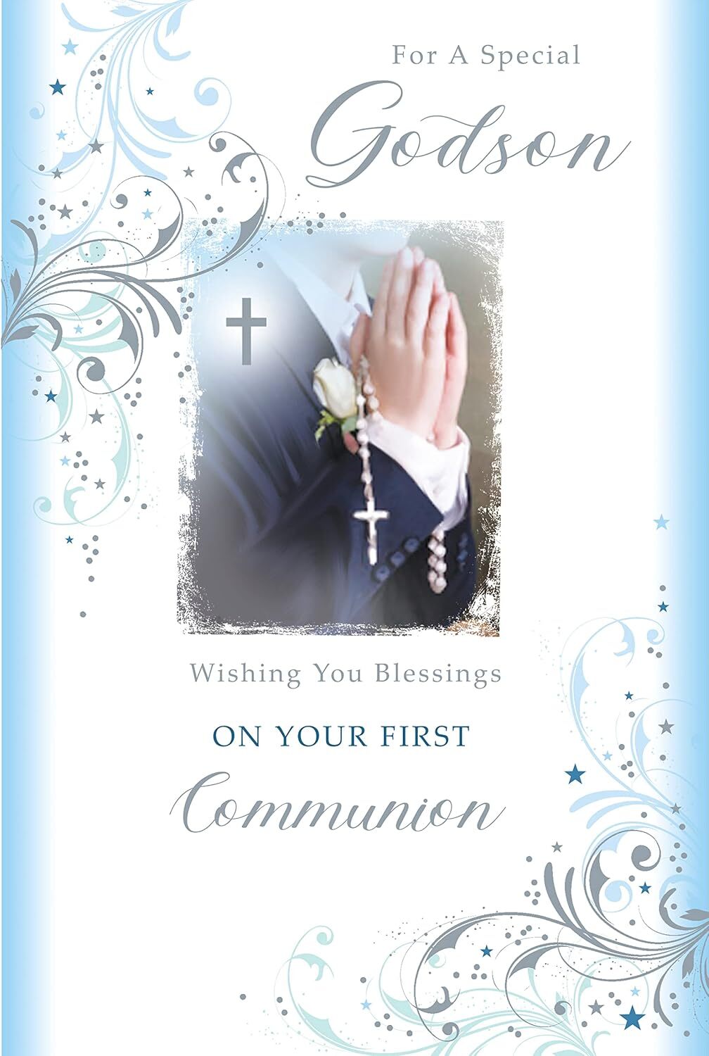 Godson First Holy Communion Card - Praying Hands, Rosary, Blessings