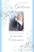 Godson First Holy Communion Card - Praying Hands, Rosary, Blessings