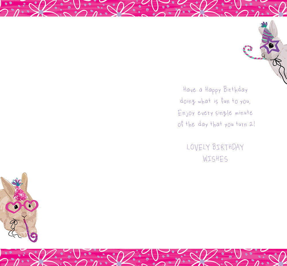 Age 2 Female 2nd Birthday Card Rabbits 9" x 5" Lovely Verse