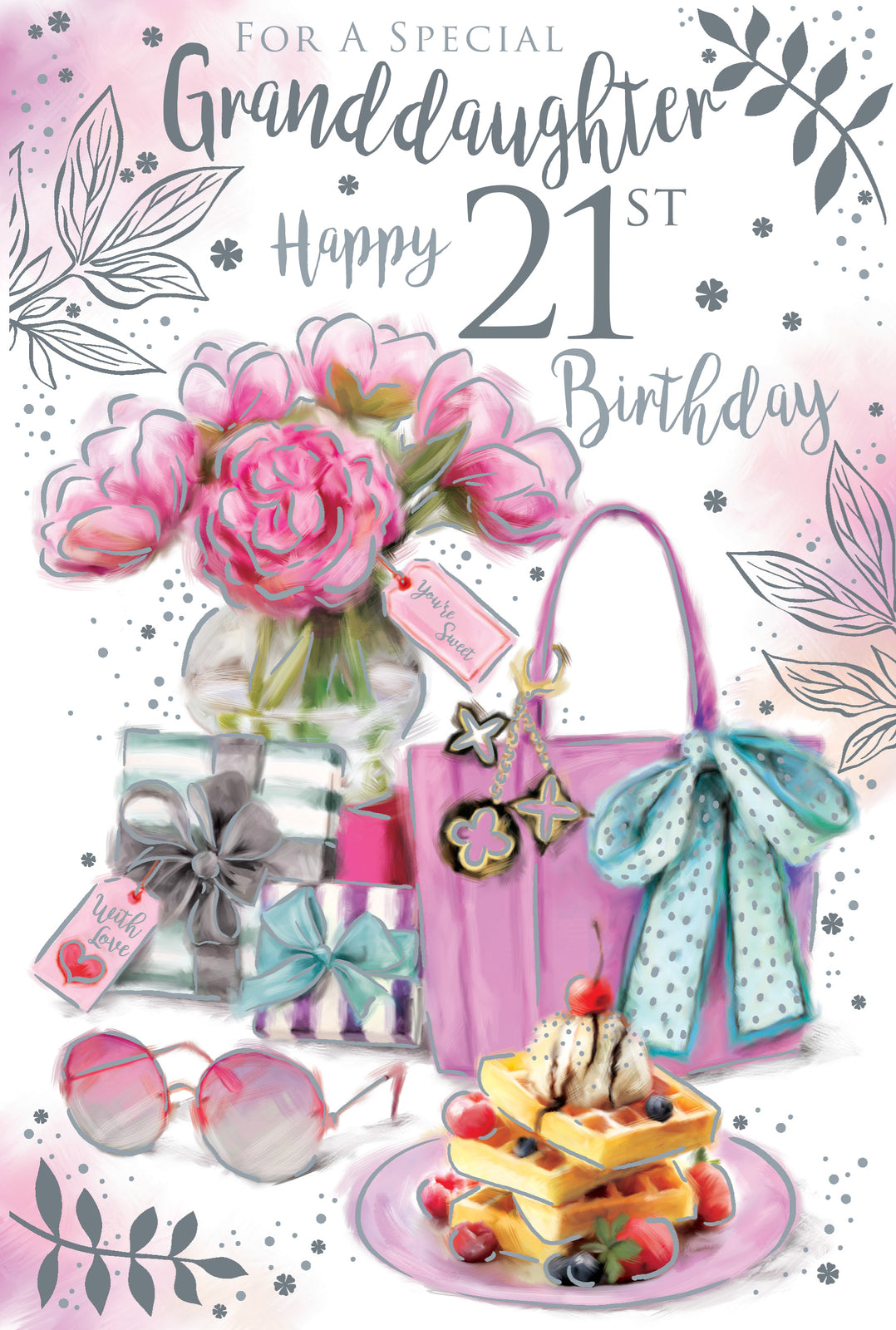 Granddaughter 21st Birthday Card - Pink Peonies Gifts Waffles - Quality Modern