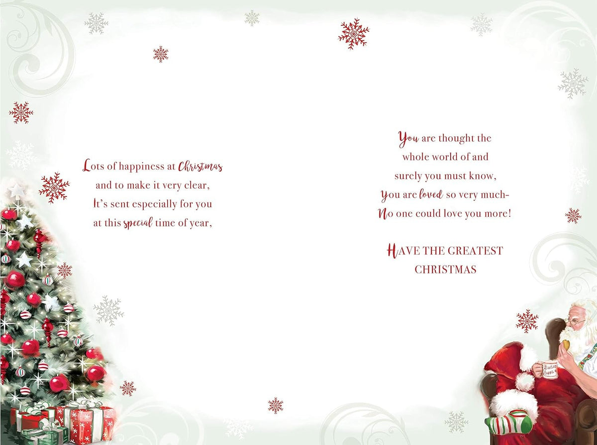 Grandad Christmas Card Santa Relaxing With Tea & Tree Design Lovely Verse