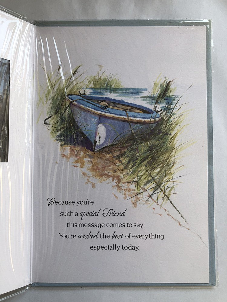 Friend Happy Birthday Card Special Rowing Boat Moored On River Bank Dragonfly