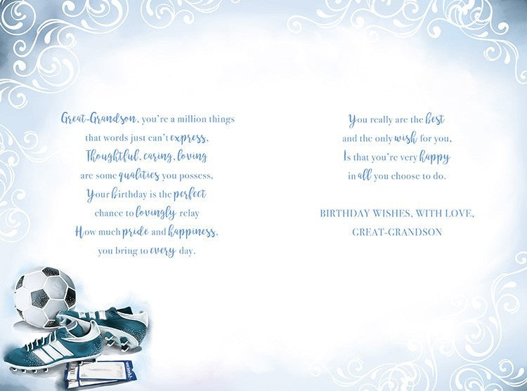 Great Grandson Birthday Card Football Sports Male Boys Quality Verse Blue Foil