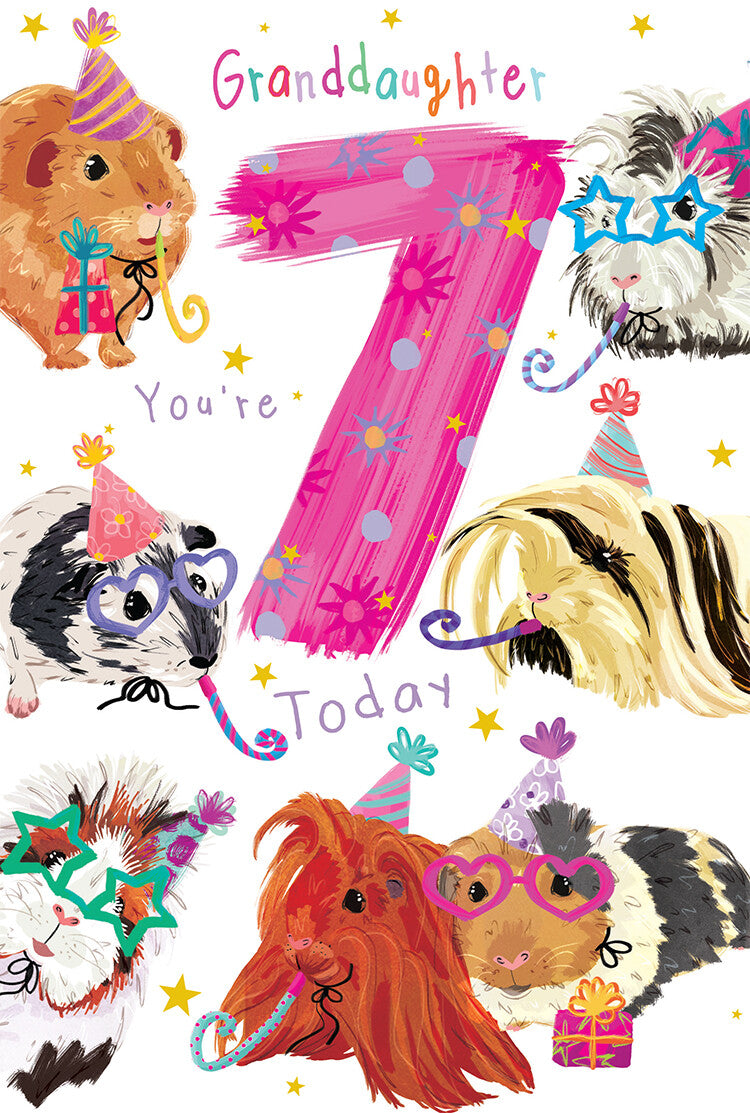 Granddaughter 7th Birthday Card Age 7 Guinea Pigs 9" x 6" Lovely Verse