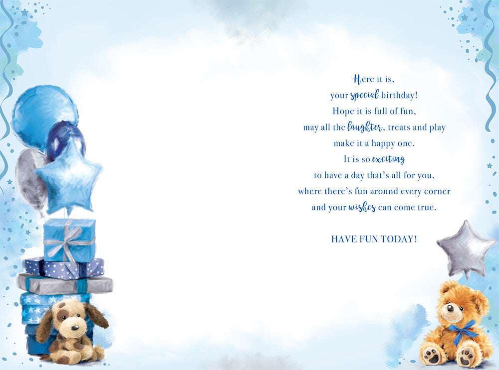 For You Great Grandson Birthday Wishes Greeting Card - Blue Balloons & Teddy