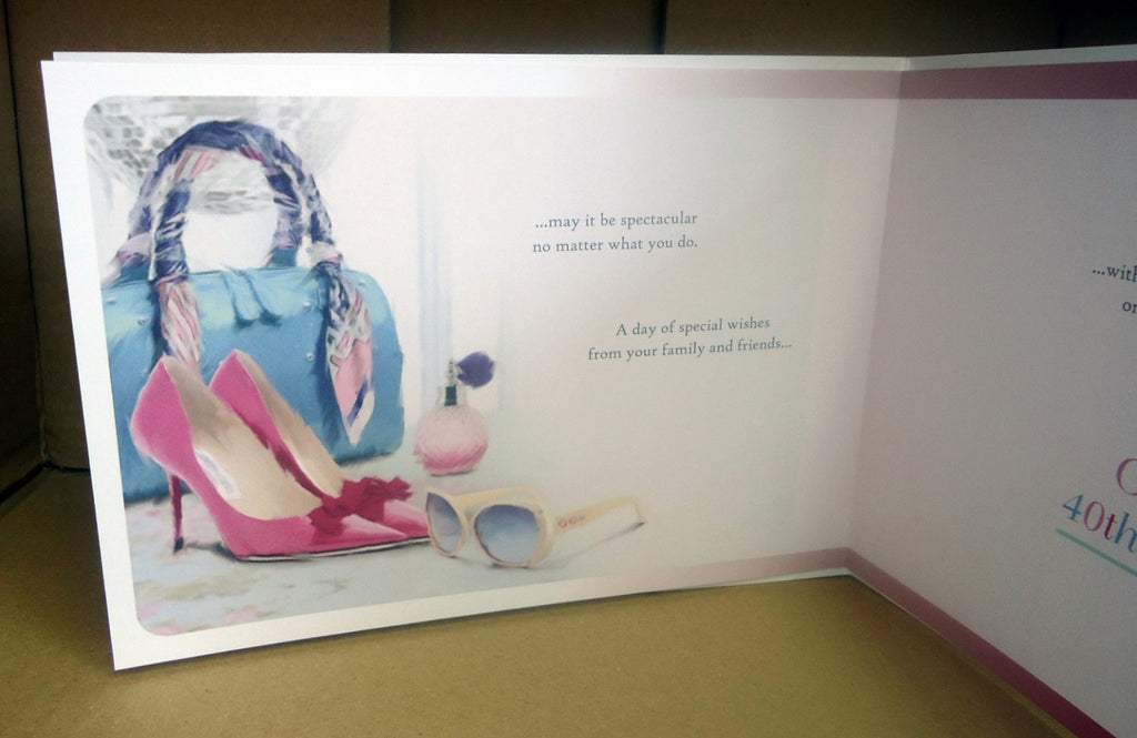 40th Happy Birthday Card 40 Shoes Bags & Perfume Design Lovely Verse Quality