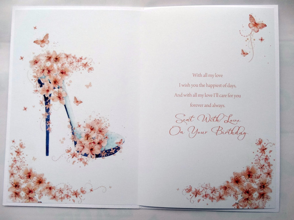 Wife Happy Birthday Card To a Much Loved Flowers Butterfly & Shoe Design