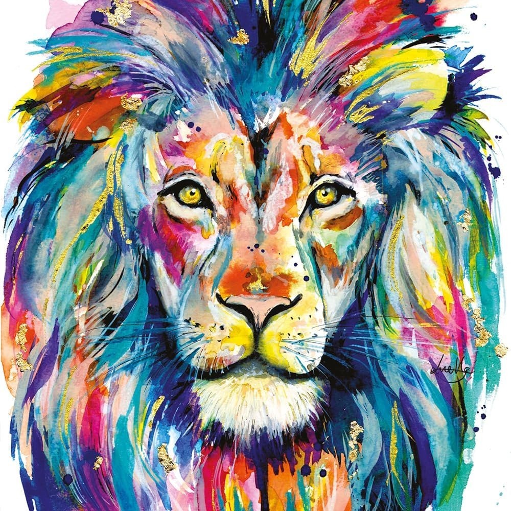 Lion Greeting Card  Colourful Watercolour & Gold Accents  16x16cm  Blank Insi