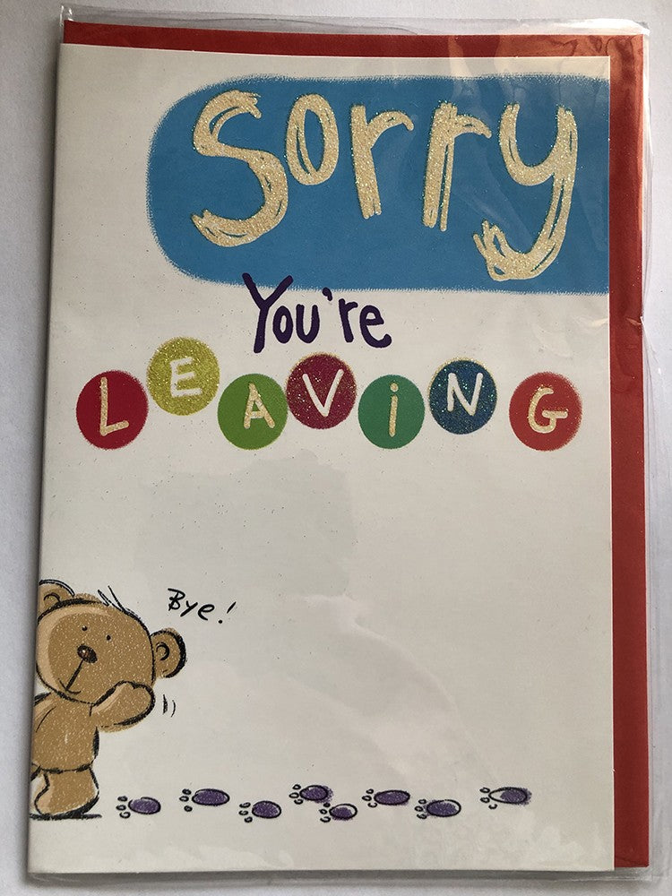 Sorry You're Leaving Card Blue Cute Bear Bye Paw Prints