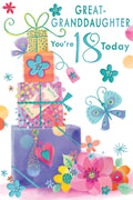 Great-Granddaughter 18th Birthday Card ? Gift Stack & Butterfly Design ? 15x23cm
