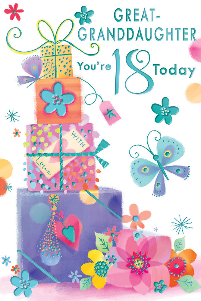 Great-Granddaughter 18th Birthday Card ? Gift Stack & Butterfly Design ? 15x23cm