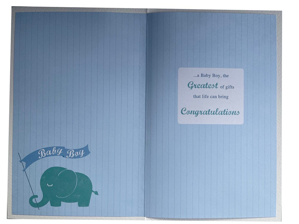 New Baby Boy Card  Glitter Elephants & Verse  13.5x21cm  Colour Insert