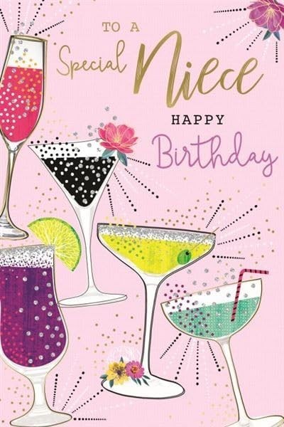 Birthday Card for Niece  Cocktail Glasses & Verse  15x23cm  Colour Insert
