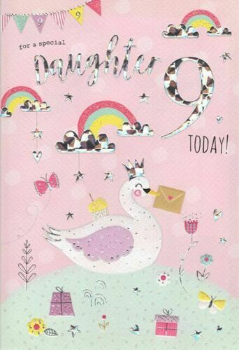 Daughter 9th Birthday Card Age 9 Swan Crown & Rainbow Design Happy  Lovely Verse
