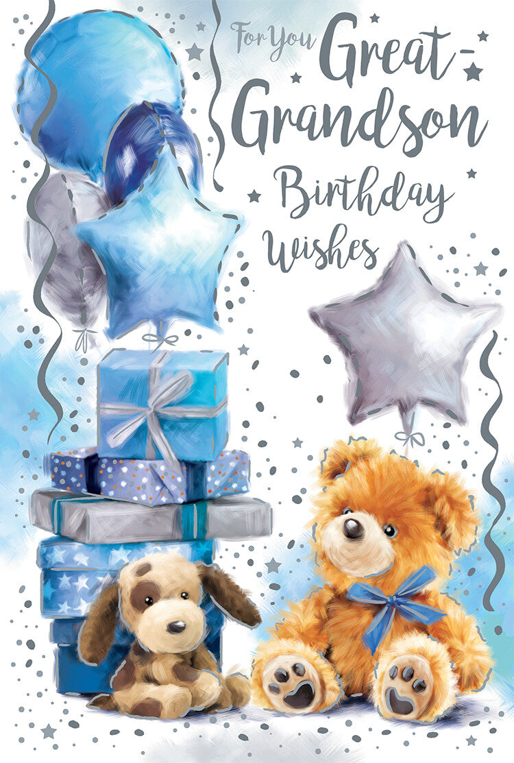For You Great Grandson Birthday Wishes Greeting Card - Blue Balloons & Teddy