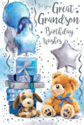 For You Great Grandson Birthday Wishes Greeting Card - Blue Balloons & Teddy