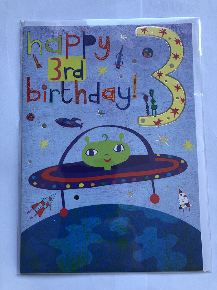 Age 3 Male Birthday Card 3rd Cute Alien UFO Rockets