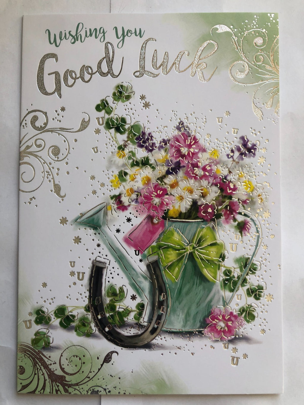Good Luck Card 13cm x 19cm Floral Watering Can & Horseshoe Verse Inside