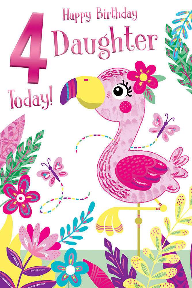 Daughter 4th Birthday Card  Tropical Flamingo & Butterfly Design  15x23cm