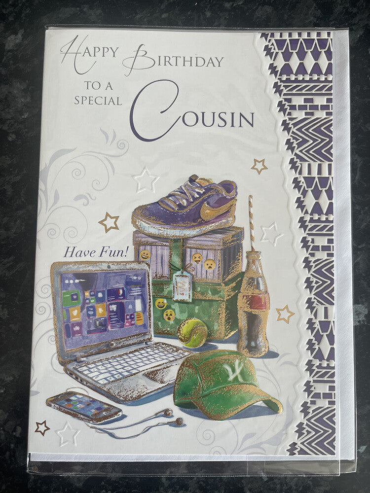 Cousin Happy Birthday Card Laptop Trainers Cap Phone Ball Gifts