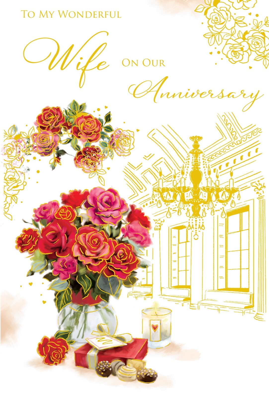 To My Wonderful Wife On Our Anniversary Card - Roses & Chandelier