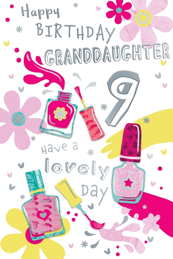 Happy Birthday Granddaughter 9th Card - Girls Nail Polish Floral Design Pink
