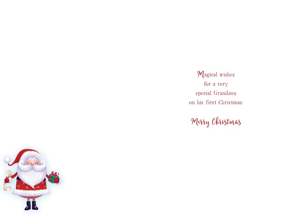 Inside of grandson first Christmas card with Santa artwork and magical wishes for his first Christmas