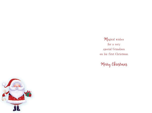 Inside of grandson first Christmas card with Santa artwork and magical wishes for his first Christmas