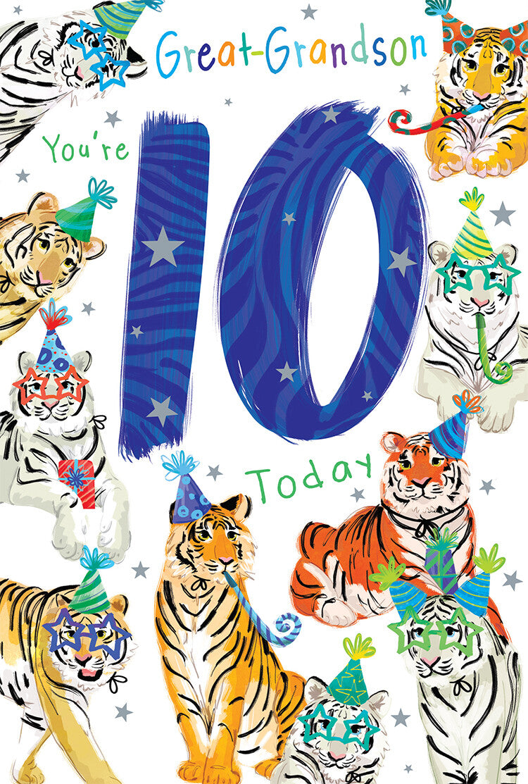 Great Grandson 10th Birthday Card Age 10 Tigers 9" x 6" Lovely Verse