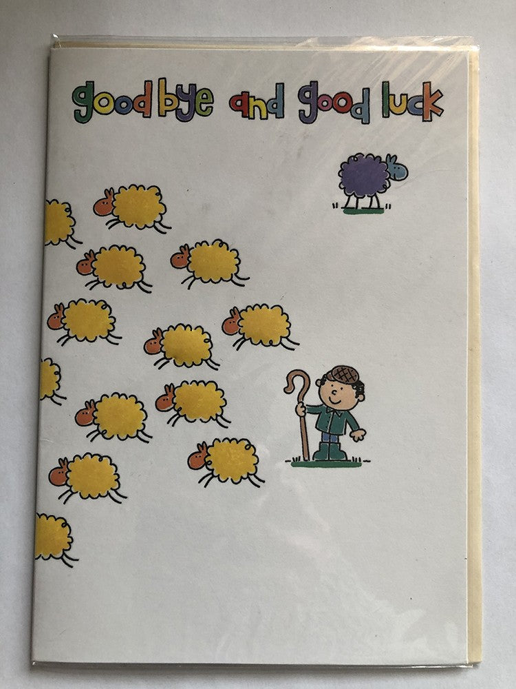 Good Luck Best Wishes Card Goodbye Shepherd Yellow Purple Sheep