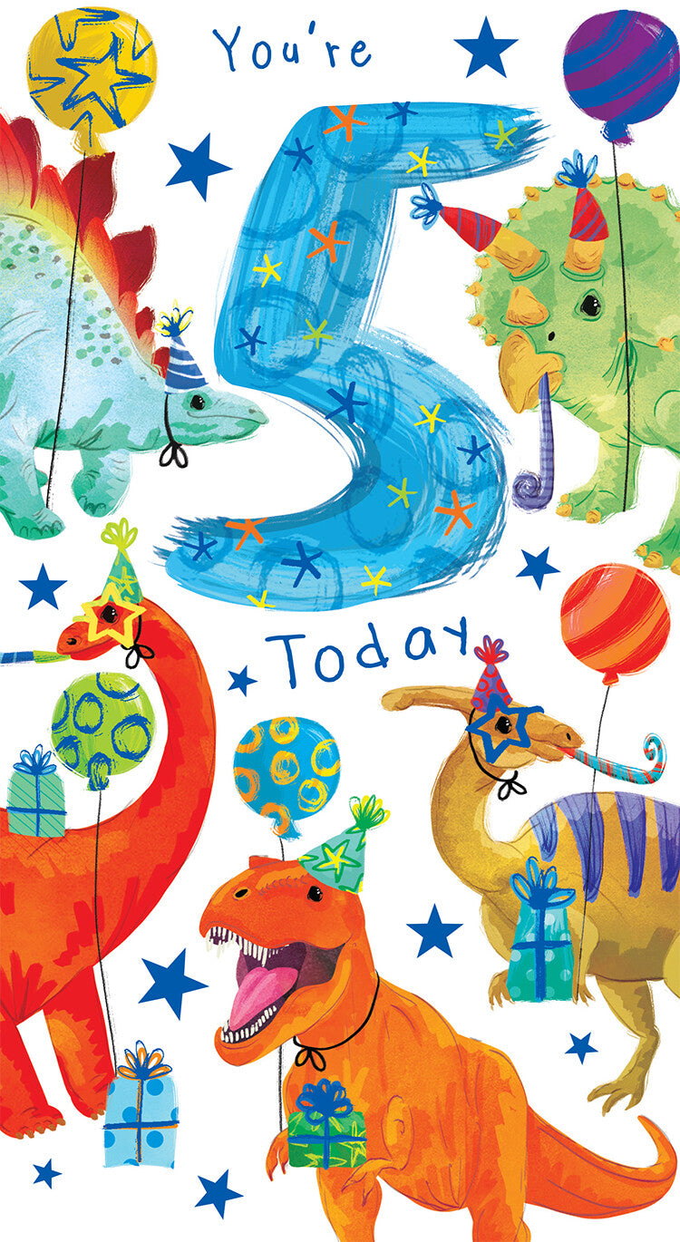 Kids 5th Birthday Card - Five Today - Fun Dinosaurs Party Hats Boy Girl