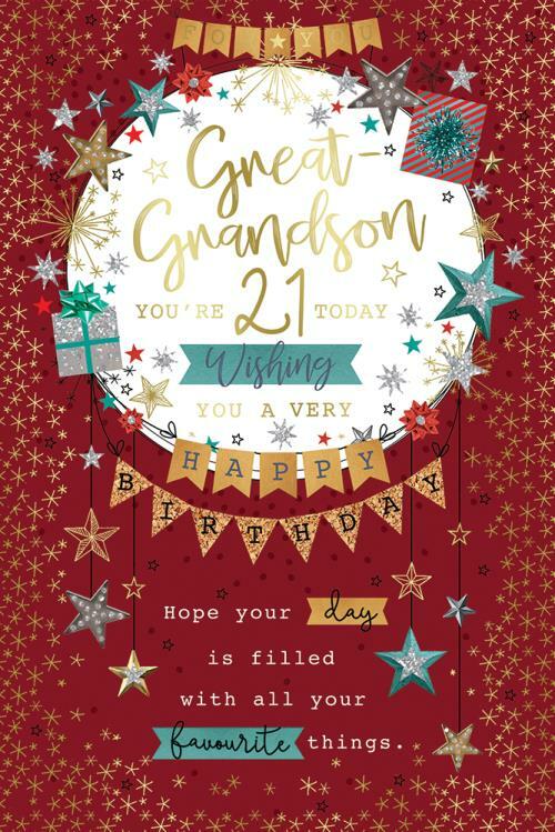 21st Birthday Card for Great-Grandson  Red & Gold  Modern Verse & Design