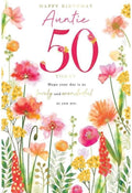 50th Birthday Card for Auntie  Floral Design  15x23cm with Colour Insert