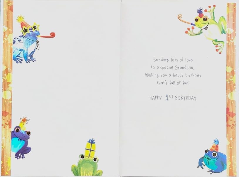 Grandson 1st Birthday Card Cartoon Frogs & Party Design Quality Finish  15x23cm